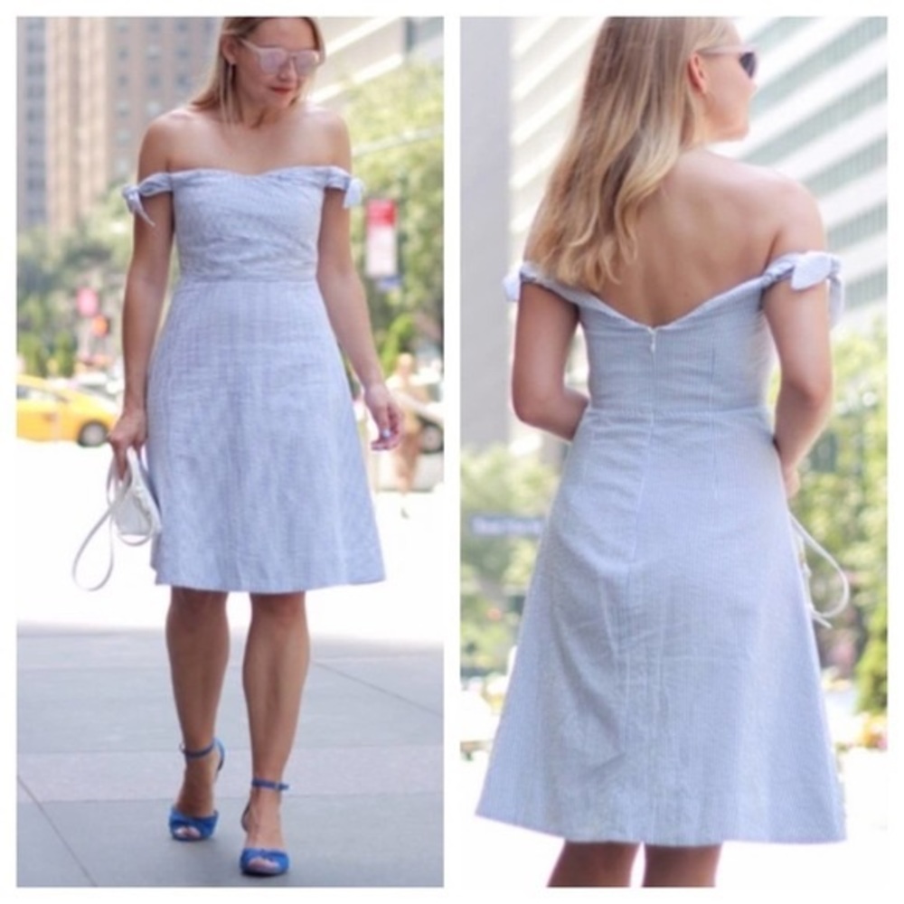 NWT J Crew Petite Tie Off Shoulder Blue Stripes Seersucker Dress, 0P